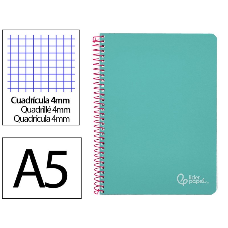 Cuaderno espiral liderpapel din a5 witty tapa dura 80h 90gr cuadro 4mm con margen color turquesa