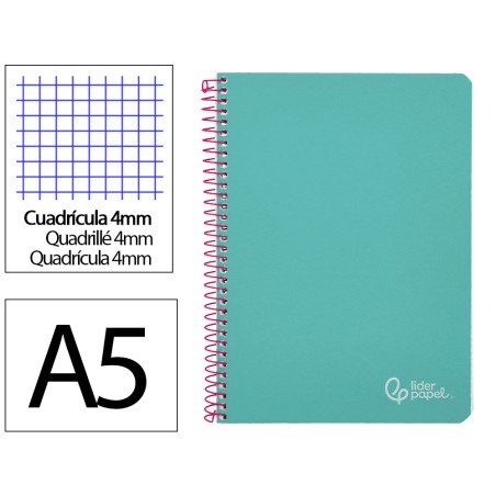 Cuaderno espiral liderpapel din a5 witty tapa dura 80h 90gr cuadro 4mm con margen color turquesa