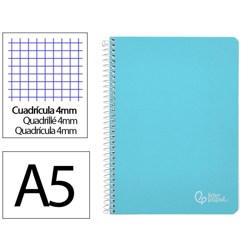 Cuaderno espiral liderpapel din a5 witty tapa dura 80h 90gr cuadro 4mm con margen color azul Cuaderno espiral liderpapel din a5 witty tapa dura 80h 90gr cuadro 4mm con margen color azul