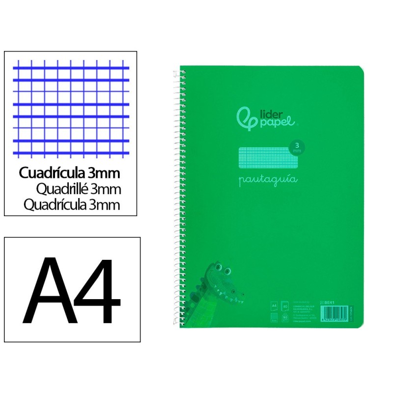 Cuaderno espiral liderpapel din a4 pautaguia tapa plastico 80h 90gr cuadro pautado 3mm con margen color verde Cuaderno espiral liderpapel din a4 pautaguia tapa plastico 80h 90gr cuadro pautado 3mm con margen color verde