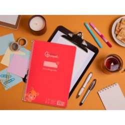 Cuaderno espiral liderpapel din a4 pautaguia tapa plastico80h 90gr cuadro pautado 3mm con margen color rojo