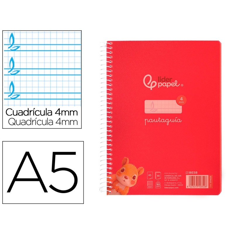 Cuaderno espiral liderpapel din a5 pautaguia tapa plastico 80h 90gr cuadro pautado 4mm con margen color rojo Cuaderno espiral liderpapel din a5 pautaguia tapa plastico 80h 90gr cuadro pautado 4mm con margen color rojo