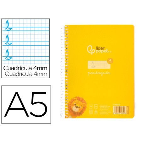 Cuaderno espiral liderpapel din a5 pautaguia tapa plastico 80h 90gr cuadro pautado 4mm con margen color amarillo