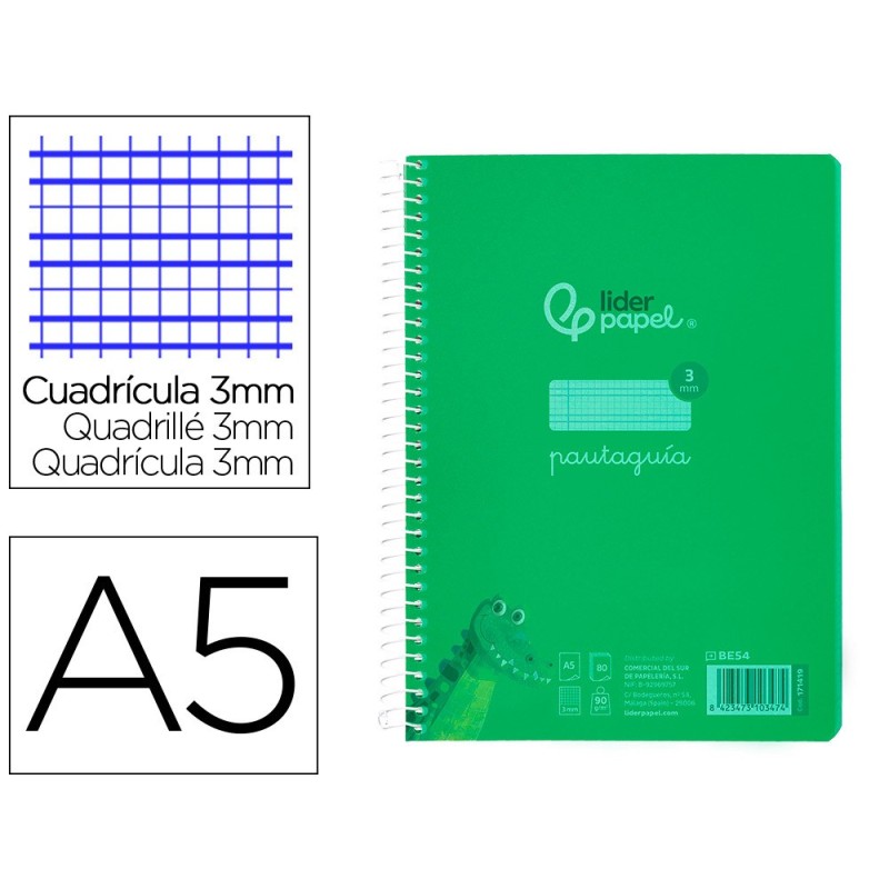 Cuaderno espiral liderpapel din a5 pautaguia tapa plastico 80h 90gr cuadro pautado 3 mm con margen color verde Cuaderno espiral liderpapel din a5 pautaguia tapa plastico 80h 90gr cuadro pautado 3 mm con margen color verde