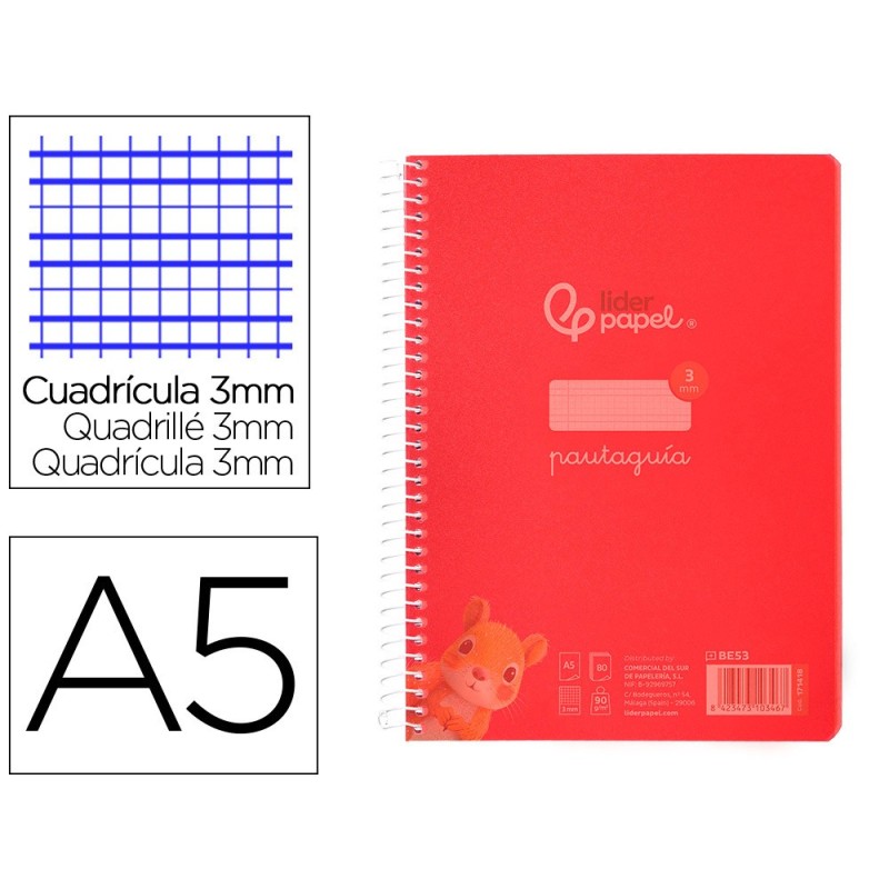Cuaderno espiral liderpapel din a5 pautaguia tapa plastico 80h 90gr cuadro pautado 3 mm con margen color rojo Cuaderno espiral liderpapel din a5 pautaguia tapa plastico 80h 90gr cuadro pautado 3 mm con margen color rojo