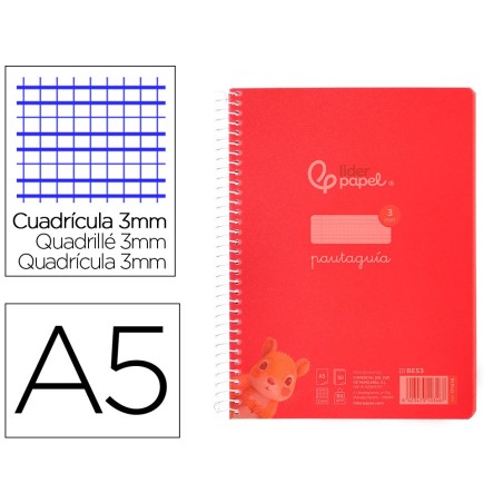 Cuaderno espiral liderpapel din a5 pautaguia tapa plastico 80h 90gr cuadro pautado 3 mm con margen color rojo
