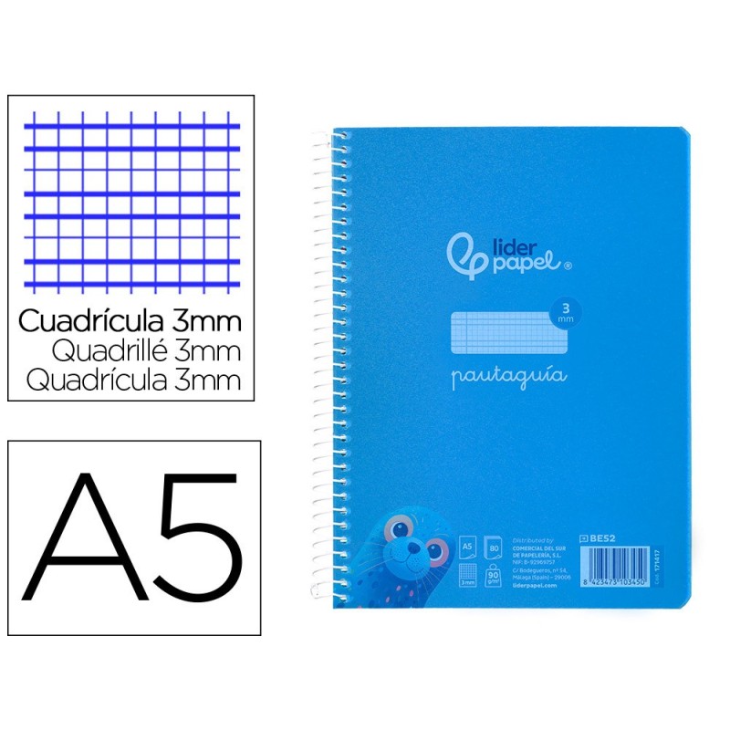 Cuaderno espiral liderpapel din a5 pautaguia tapa plastico 80h 90gr cuadro pautado 3 mm con margen color azul Cuaderno espiral liderpapel din a5 pautaguia tapa plastico 80h 90gr cuadro pautado 3 mm con margen color azul