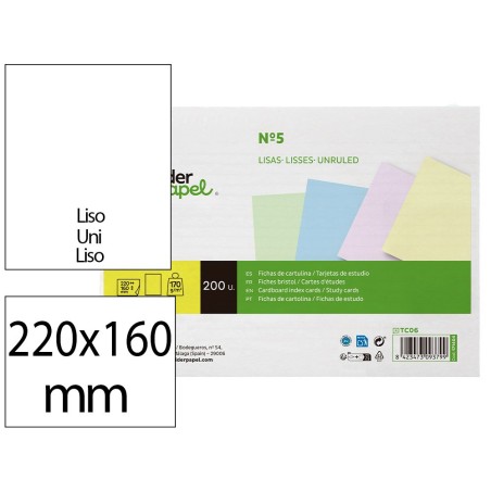 Tarjeta liderpapel para estudiar lisa cartulina de colores 170 gr/m2 160x220mm paquete de 200 unidades