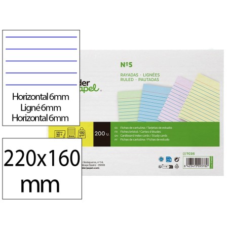 Tarjeta liderpapel para estudiar rayada cartulina de colores 170 gr/m2 160x220mm paquete de 200 unidades