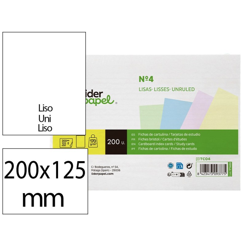 Tarjeta liderpapel para estudiar lisa cartulina de colores 170 gr/m2 125x200mm paquete de 200 unidades
