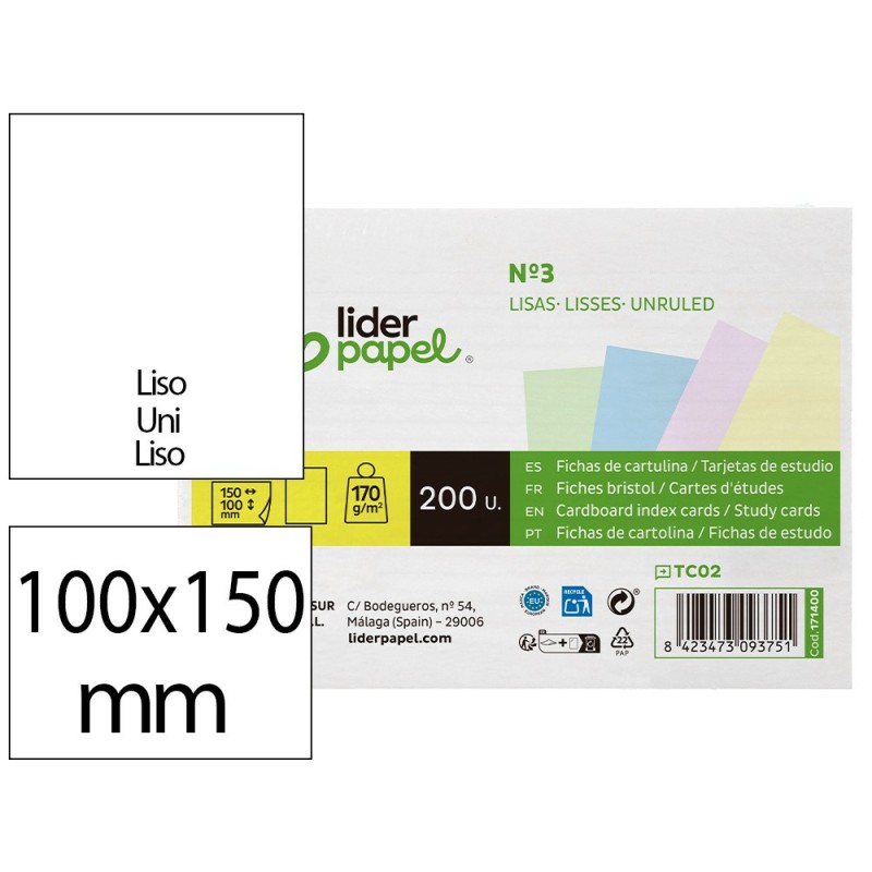 Tarjeta liderpapel para estudiar lisa cartulina de colores 170 gr/m2 100x150mm paquete de 200 unidades