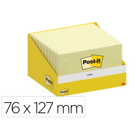 Bloc de notas adhesivas quita y pon post-it 76x127 mm 100 hojas amarillo canario retractilado individualmente