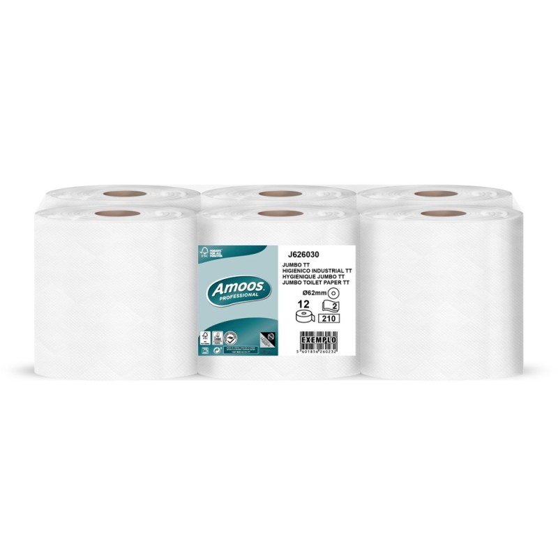 Papel higienico amoos jumbo industrial 2 capas 30g/m2 paquete de 12 rollos