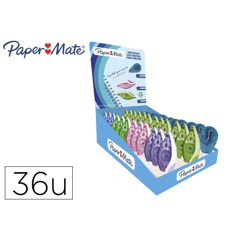Corrector paper mate cinta dryline grip expositor de 36 unidades colores surtidos Corrector paper mate cinta dryline grip expositor de 36 unidades colores surtidos