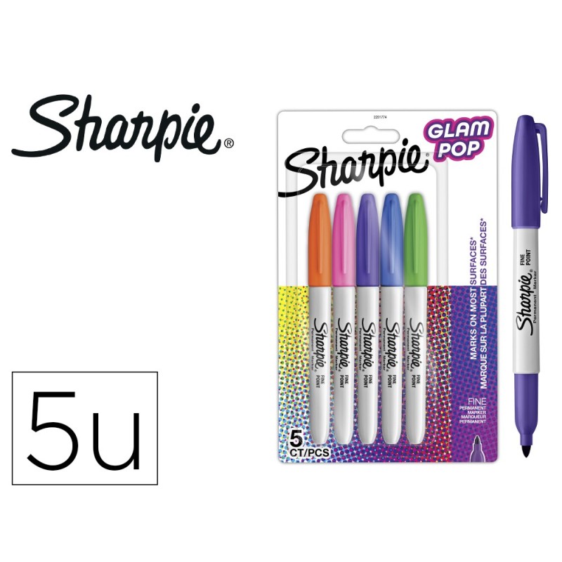 Rotulador sharpie permanente fino glam pop blister de 5 unidades colores surtidos Rotulador sharpie permanente fino glam pop blister de 5 unidades colores surtidos