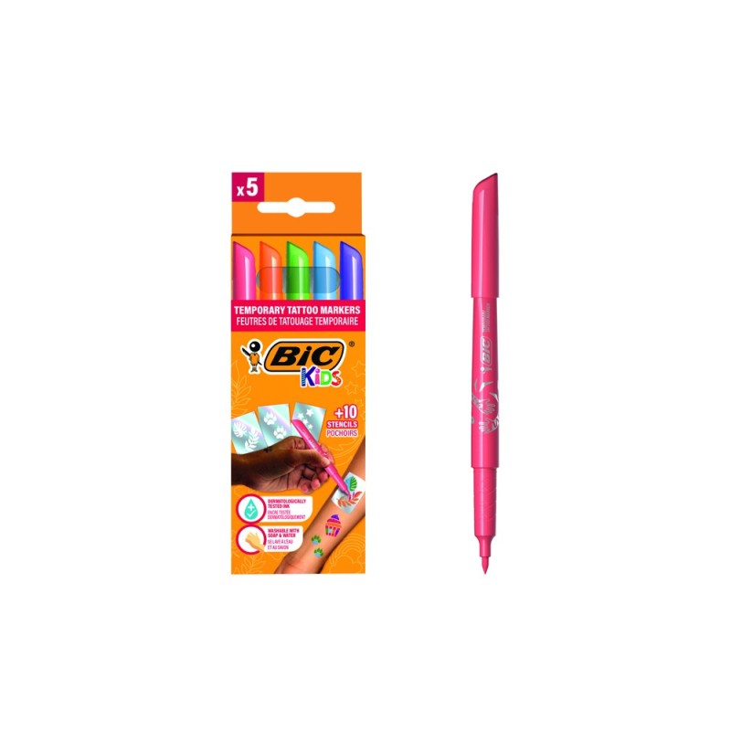 Rotulador bic kids tattoo caja de 5 unidades colores surtidos 10 plantillas Rotulador bic kids tattoo caja de 5 unidades colores surtidos 10 plantillas