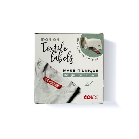 Cinta textil colop tafetan termo adhesiva ancho 15 mm para impresora e-mark rollo de 8 mt
