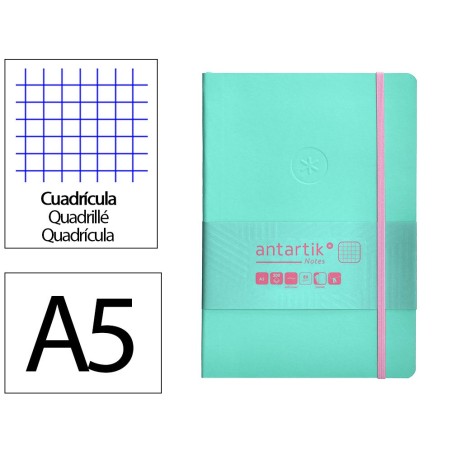 Cuaderno con gomilla antartik notes tapa blanda a5 hojas cuadricula rosa y turquesa 80 hojas 80 gr fsc