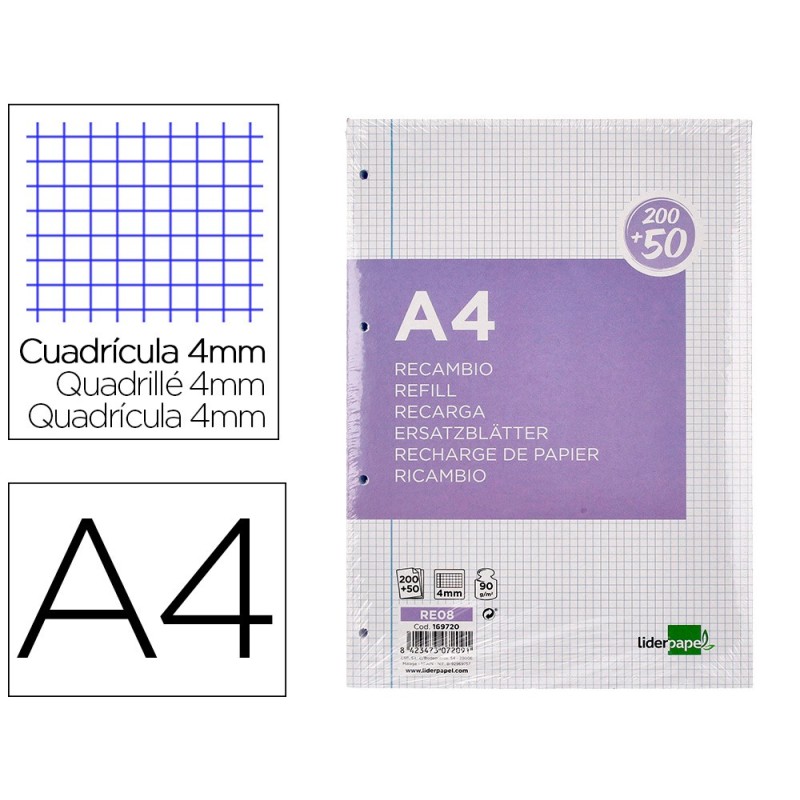 Recambio liderpapel a4 20050 hojas 90g/m2 cuadro 4 mm con margen 4 taladros