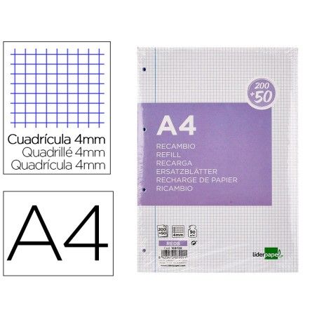Recambio liderpapel a4 20050 hojas 90g/m2 cuadro 4 mm con margen 4 taladros