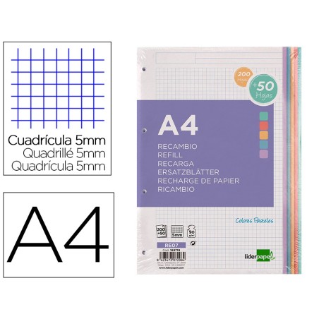 Recambio liderpapel a4 20050 hojas 90g/m2 cuadro 5 mm 4 taladros bandas de 5 colores