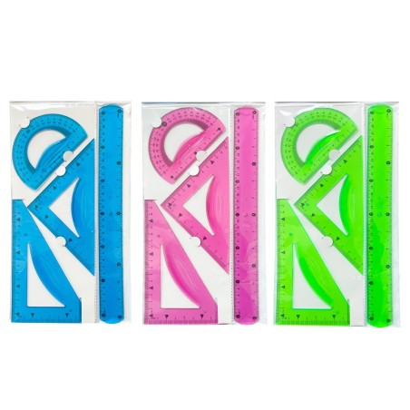 Juego escuadra 21 cm cartabon 21 cm regla 30 cm y semicirculo plastico flexible en petaca liderpapel colores