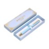 Boligrafo belius macaron bliss forma hexagonal color celeste y dorado tinta azul caja de diseño