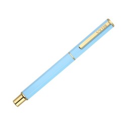 Boligrafo belius macaron bliss forma hexagonal color celeste y dorado tinta azul caja de diseño