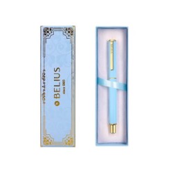 Boligrafo belius macaron bliss forma hexagonal color celeste y dorado tinta azul caja de diseño