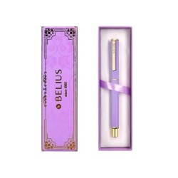 Boligrafo belius macaron bliss forma hexagonal color morado y dorado tinta azul caja de diseño