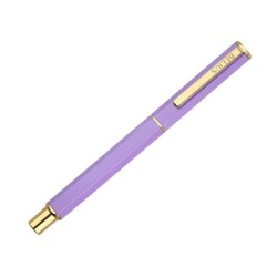 Boligrafo belius macaron bliss forma hexagonal color morado y dorado tinta azul caja de diseño