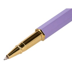Boligrafo belius macaron bliss forma hexagonal color morado y dorado tinta azul caja de diseño
