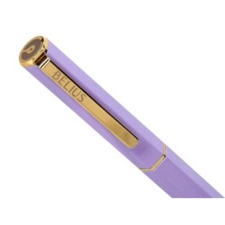 Boligrafo belius macaron bliss forma hexagonal color morado y dorado tinta azul caja de diseño