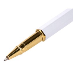 Boligrafo belius macaron bliss forma hexagonal color blanco y dorado tinta azul caja de diseño