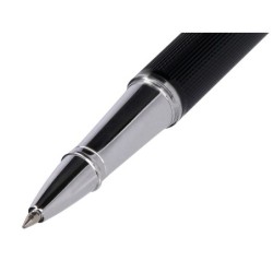 Roller y estuche belius turbo aluminio textura punteada negro plateado tinta azul caja de diseño