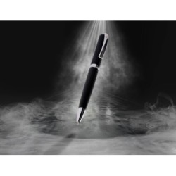 Boligrafo y estuche belius turbo aluminio textura punteada negro y plateado tinta azul caja de diseño