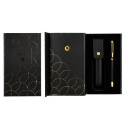 Boligrafo y estuche belius passion dor aluminio textura cepillada color negro y dorado tinta azul caja diseño