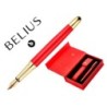 Pluma y estuche cuero belius passion dor aluminio textura cepillada color rojo y dorado tinta azul caja de diseño
