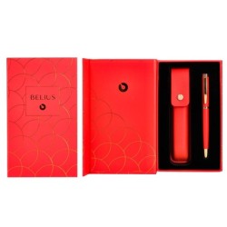 Pluma y estuche cuero belius passion dor aluminio textura cepillada color rojo y dorado tinta azul caja de diseño