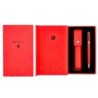 Pluma y estuche cuero belius passion dor aluminio textura cepillada color rojo y dorado tinta azul caja de diseño