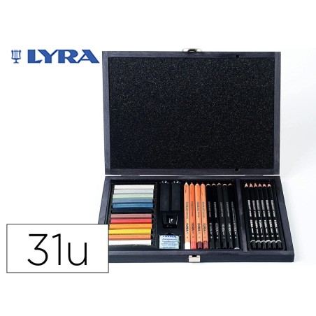Set dibujo lyra estuche de madera con 31 piezas surtidas