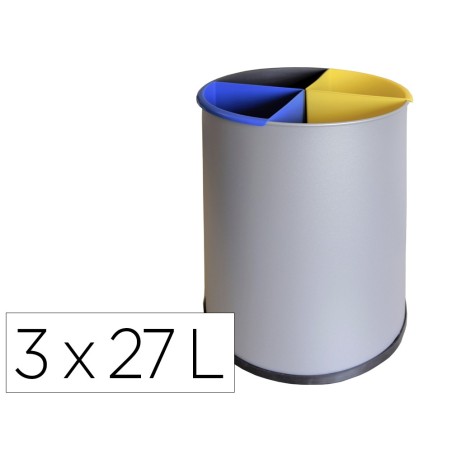 Papelera metalica sie para reciclaje con 3 departamento extraible 3x27 litros 300x295 mm, color plata