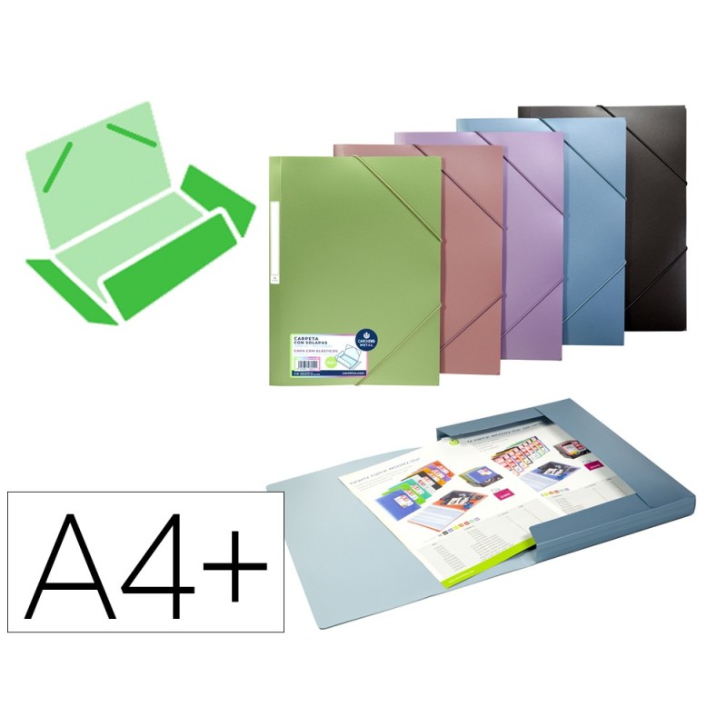 Carpeta carchivo gomas polipropileno tres solapas color metalizado expositor de 30 unidades colores surtidos