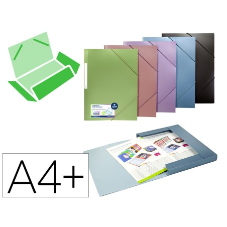 Carpeta carchivo gomas polipropileno tres solapas color metalizado expositor de 30 unidades colores surtidos