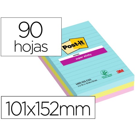 Bloc de notas adhesivas quita y pon post-it super sticky cosmic rayado 90 hojas 101x152 mm paquete de 3 unidades