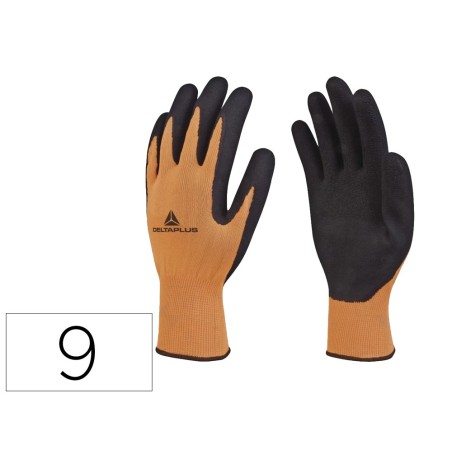 Guantes deltaplus poliester impregando latex palma y dedos naranja fluor/negro talla 9