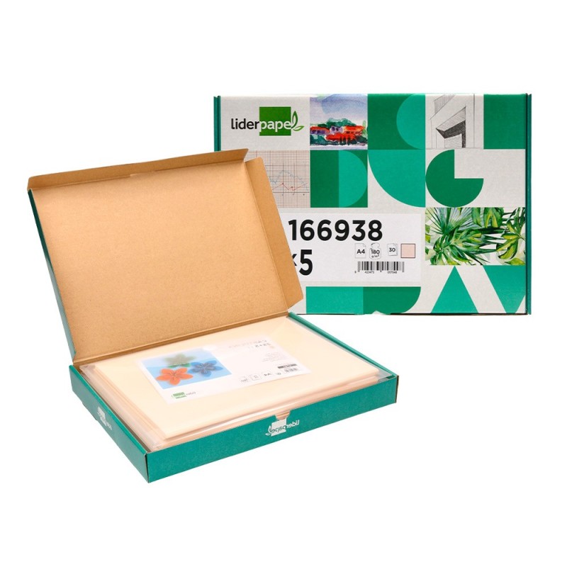Cartulina liderpapel a4 180g/m2 crema paquete de 255 hojas en carpeta dossier transparente con cierre velcro