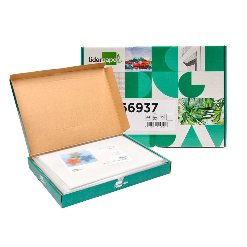 Cartulina liderpapel a4 180g/m2 blanco paquete de 255 hojas en carpeta dossier transparente con cierre velcro