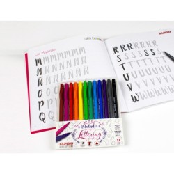 Set de dibujo alpino iniciacion al lettering 12 rotuladores punta fina y punta pincel colores surtidos