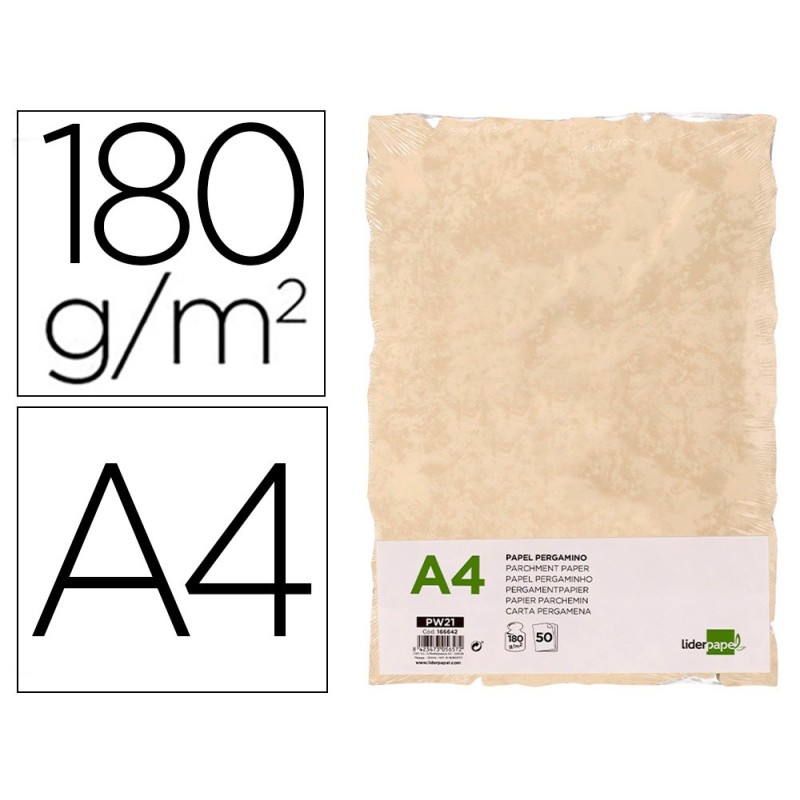Papel pergamino liderpapel din a4 con bordes 180 gr color crema paquete de 50 hojas